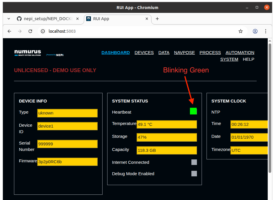 NEPI RUI dashboard showing active status