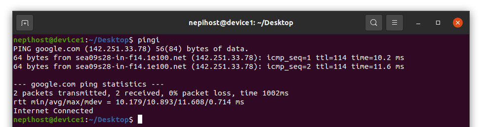 Terminal output showing ping test