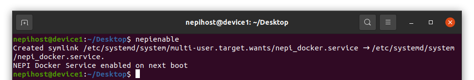 Terminal output showing NEPI service enabled