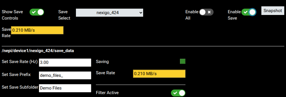 Data Manager fully expanded showing nexigo_424 device saving at 0.210 MB/s with prefix demo_files_ and subfolder Demo Files