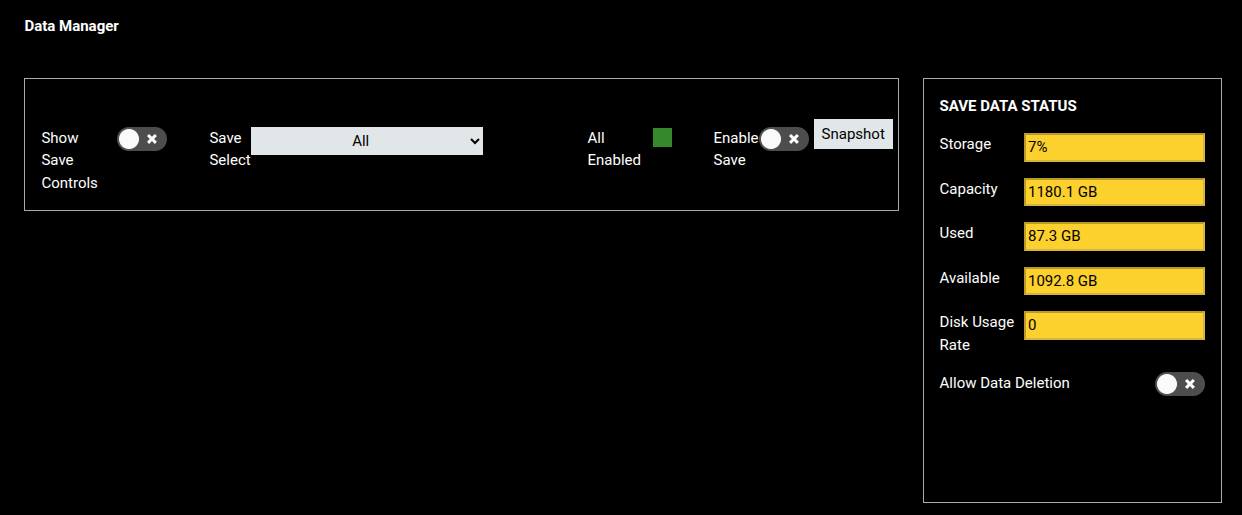 NEPI RUI Data Manager showing save controls bar on the left and SAVE DATA STATUS panel on the right