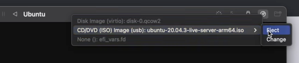 UTM drive menu showing the Eject option for the Ubuntu ISO