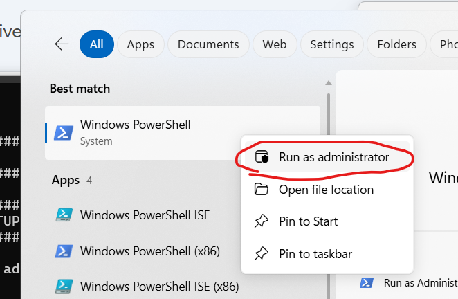 Run as administrator option for Windows PowerShell