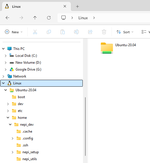 Windows File Explorer showing the Linux sidebar tab