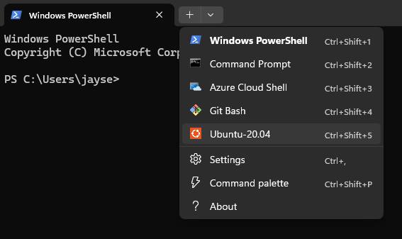 PowerShell dropdown menu showing the Ubuntu VM